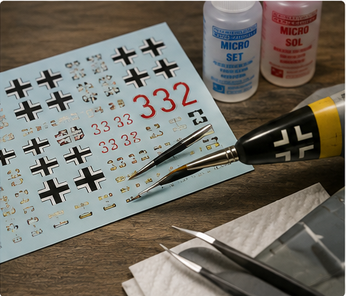 How to Apply Decals Without Silvering — decal sheet, Micro Set and Micro Sol, brushes, and tweezers on a workbench