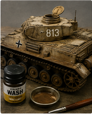 Simple Weathering for Beginners — weathered tank model with wash bottle, mixing dish, and brush