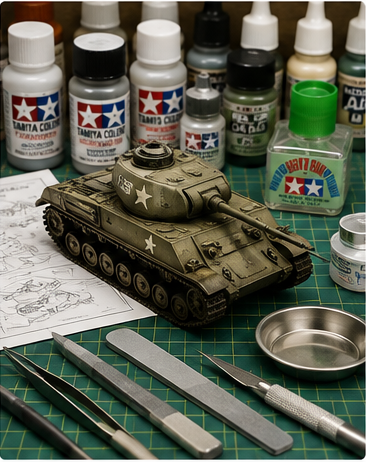 Getting Started in Scale Modeling — tank model, Tamiya paints, and essential hobby tools on a cutting mat