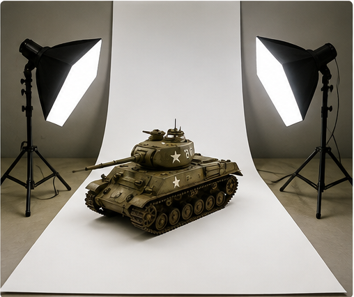 Photographing Your Scale Models — scale tank on a white backdrop with studio softbox lights