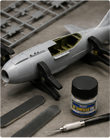 Basic Seam Filling and Sanding — model fuselage clamped at the seam with Mr. Surfacer, hobby knife, and sanding sticks