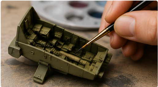 Fine brush painting small details inside a scale model cockpit