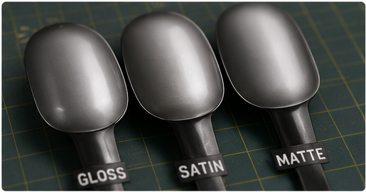 Gloss, satin, and matte finish samples shown side by side