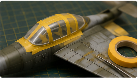 Scale model aircraft canopy and panels masked with modeling tape