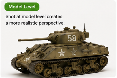 Model level example: scale model photographed from a low eye-level three-quarter angle