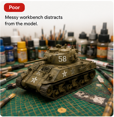 Poor example: scale model photographed against a cluttered workbench with paint bottles, brushes, and tools