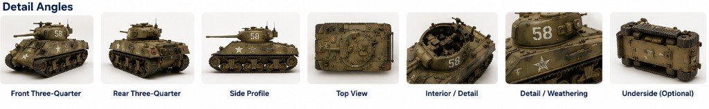 Detail angles example set showing a scale model tank from front three-quarter, rear three-quarter, side profile, top view, interior detail, weathering detail, and underside