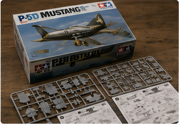 Scale model kit box, sprues, and instructions on a workbench
