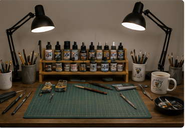 Organized scale-modeling workspace with lights, tools, and paints
