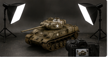 Completed scale model photographed with studio lights